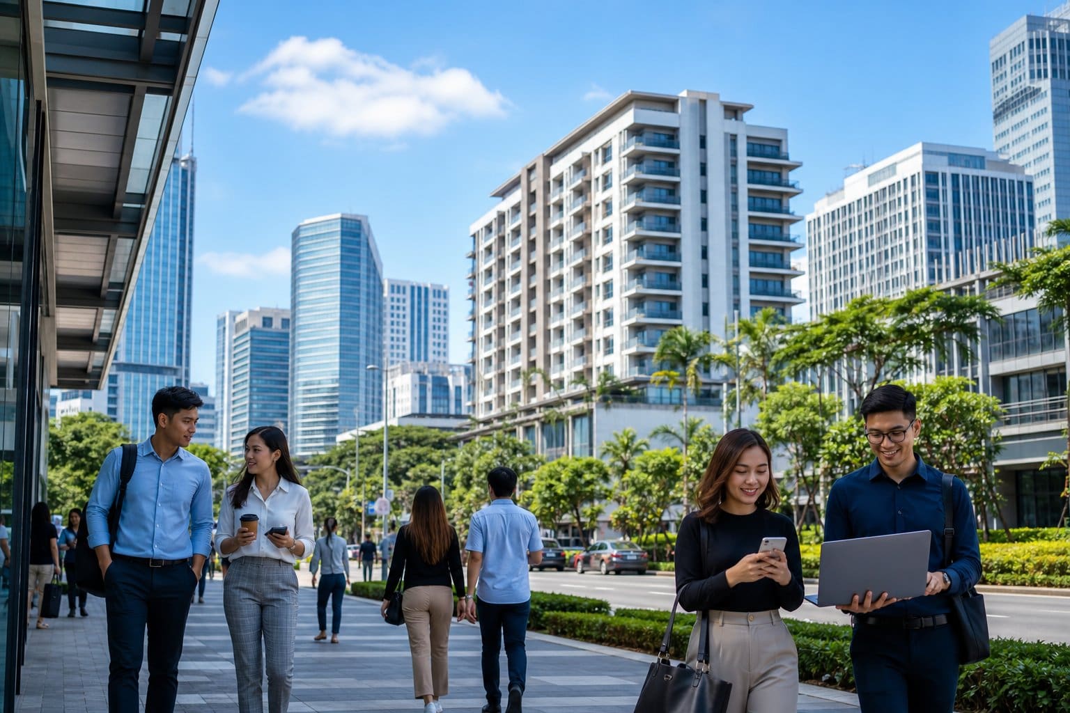 A daytime urban scene in Metro Cebu showing mid-rise condominiums, office buildings, and young professionals walking on the street.