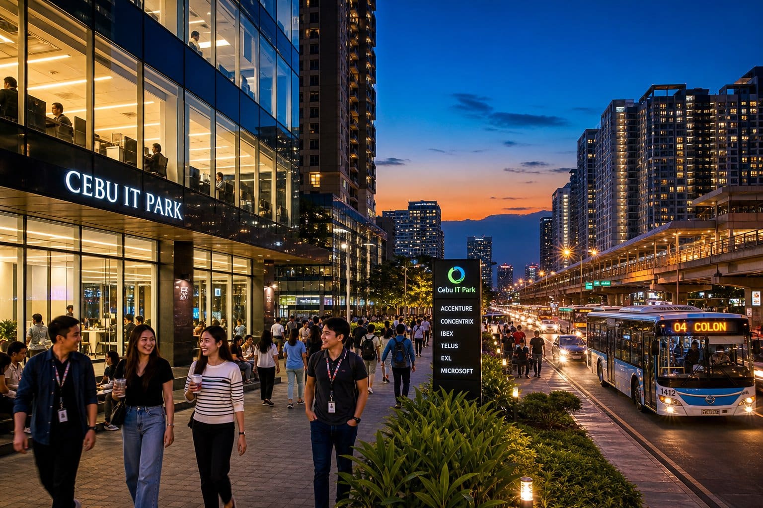 A cityscape of Metro Cebu at dusk with office buildings and apartments lit up, showing people walking near an office building and city traffic in the background.