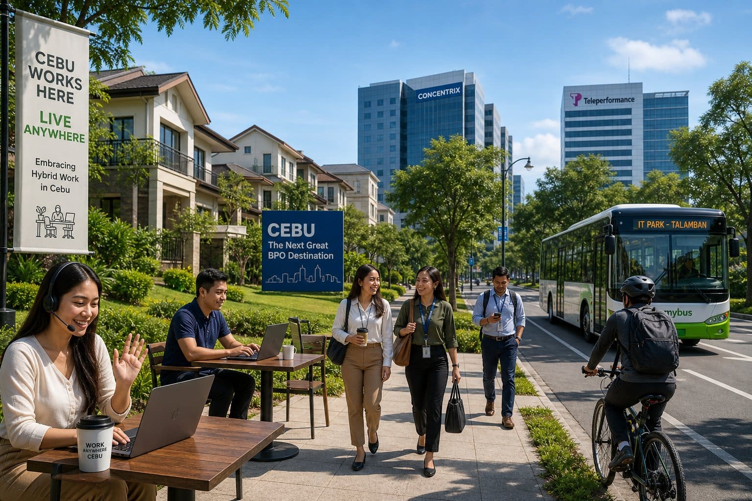 People working outdoors and walking in a modern suburban neighborhood with houses and office buildings in the background during daytime.