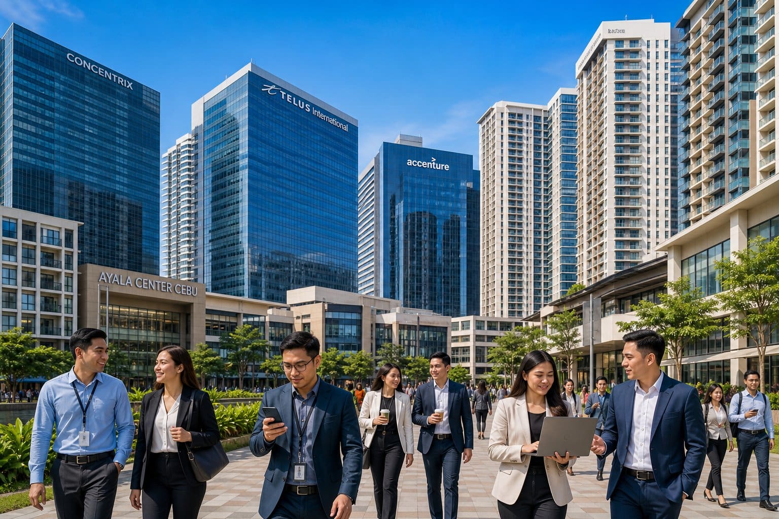 Urban cityscape of Metro Cebu with office buildings and professionals walking in the foreground near residential areas.