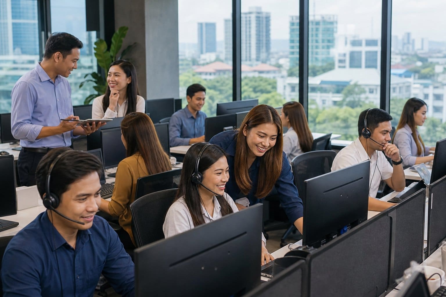 A group of young professionals working together in a modern office with large windows showing city buildings and greenery outside.