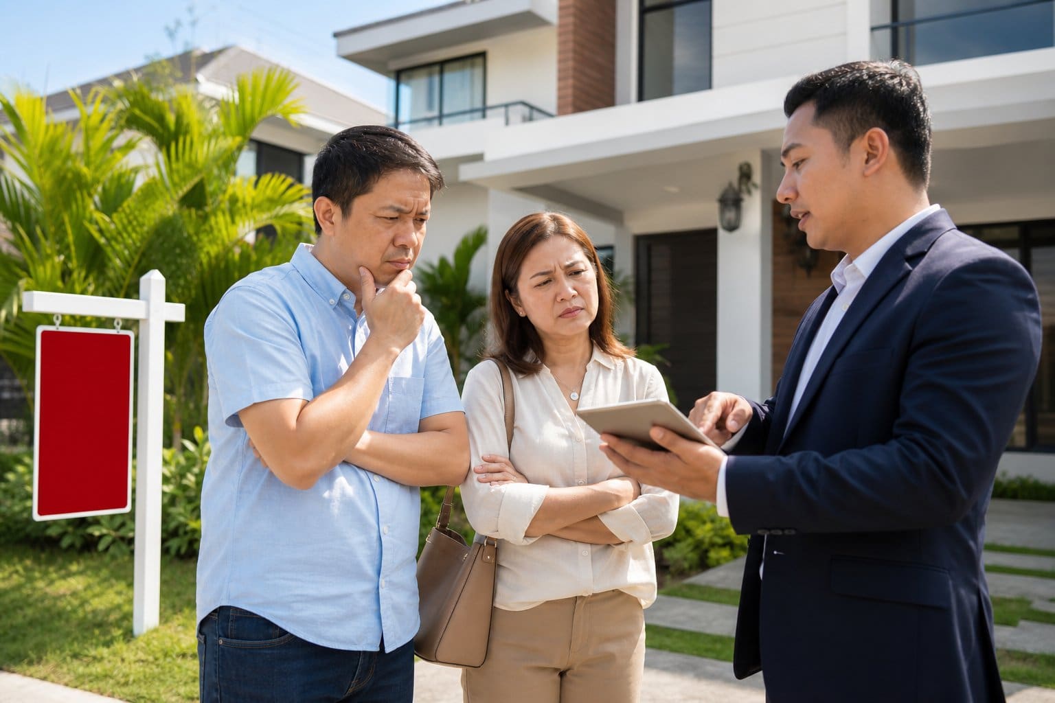 A concerned couple talking to a real estate agent outside a modern house in a sunny neighborhood.
