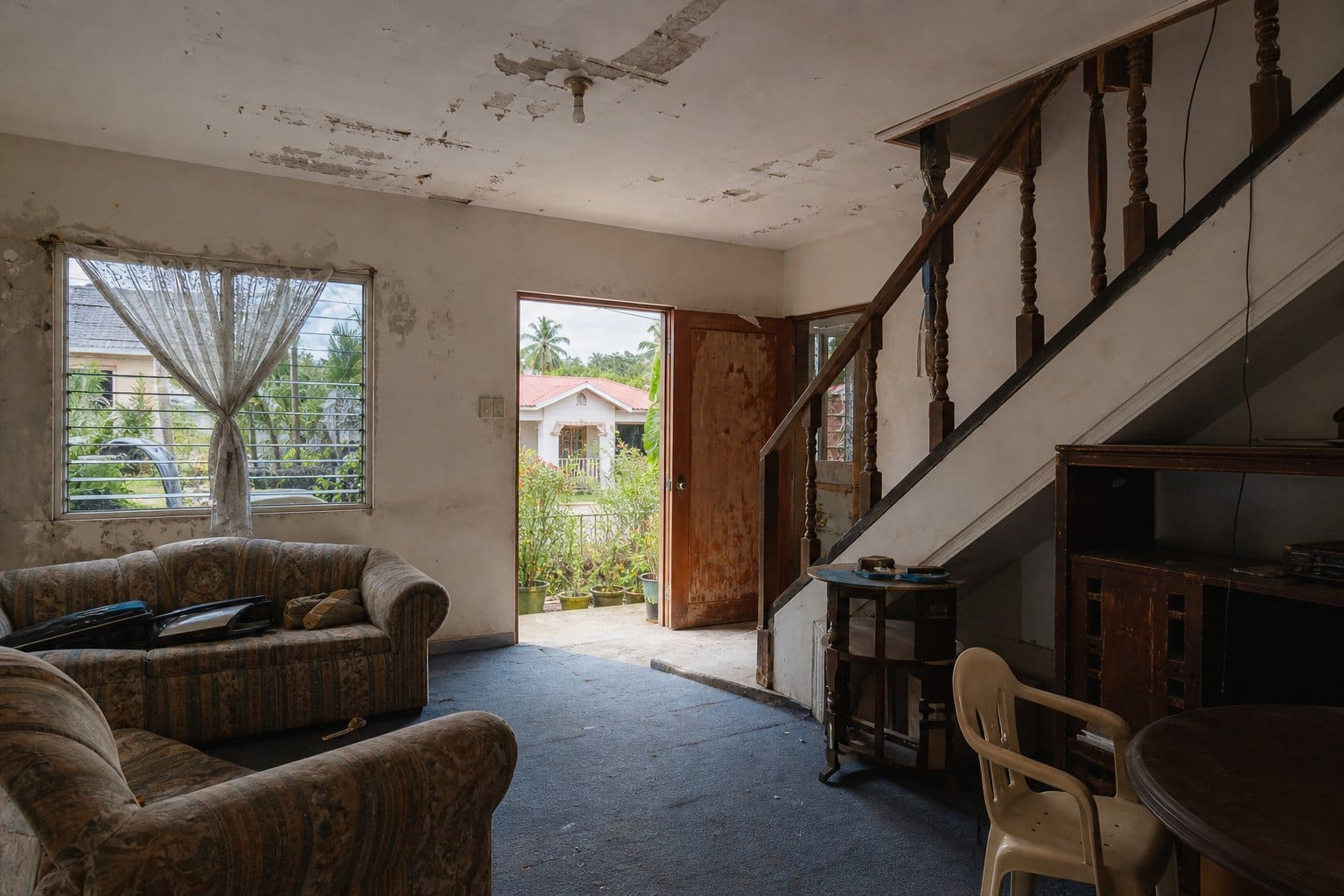 Cluttered and poorly maintained living room of a house with dim lighting and visible wear, showing a neglected home in a suburban neighborhood.