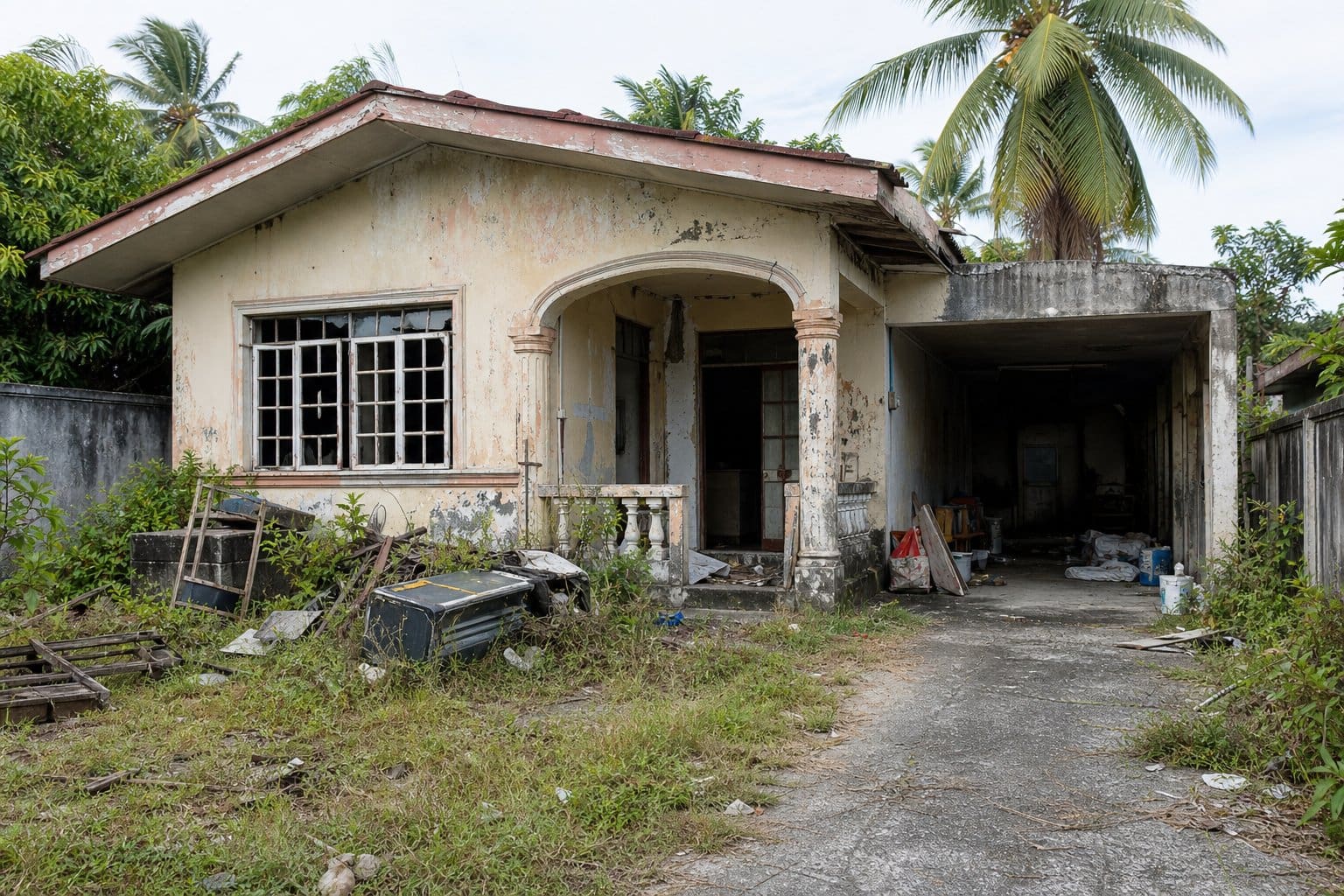 A neglected house with peeling paint, broken windows, cluttered front yard, and overgrown weeds.