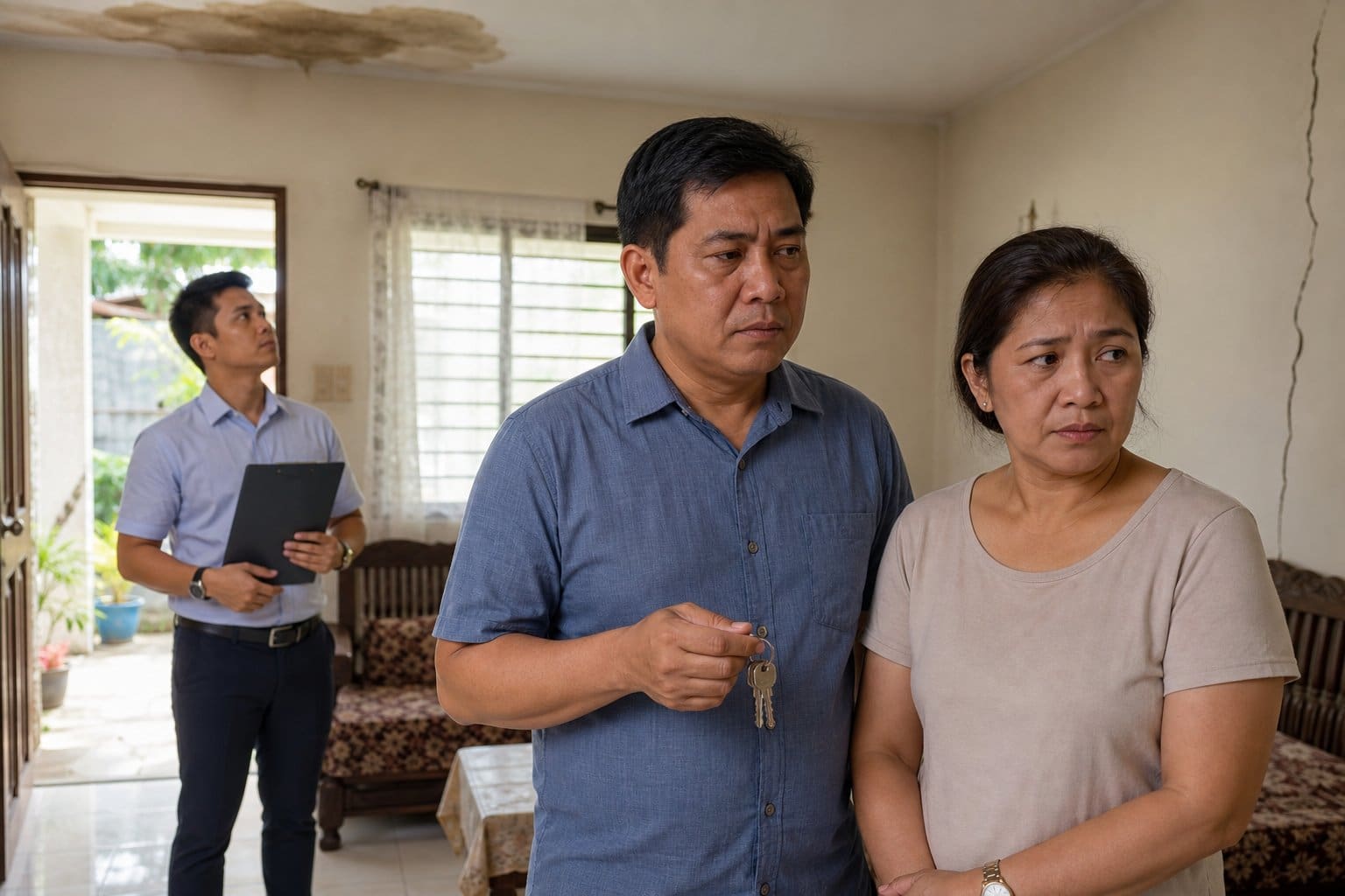 A Filipino couple inside their house looking concerned while a young man inspects the home, showing signs of hidden problems.