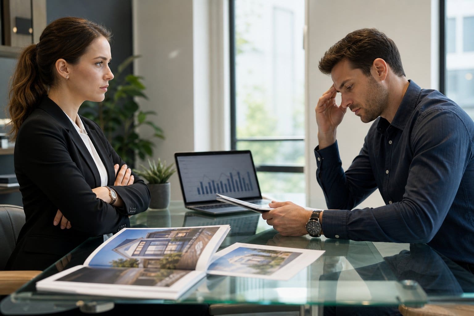 Two people in a modern office engaged in a tense real estate negotiation, with one person looking rigid and the other hesitant.