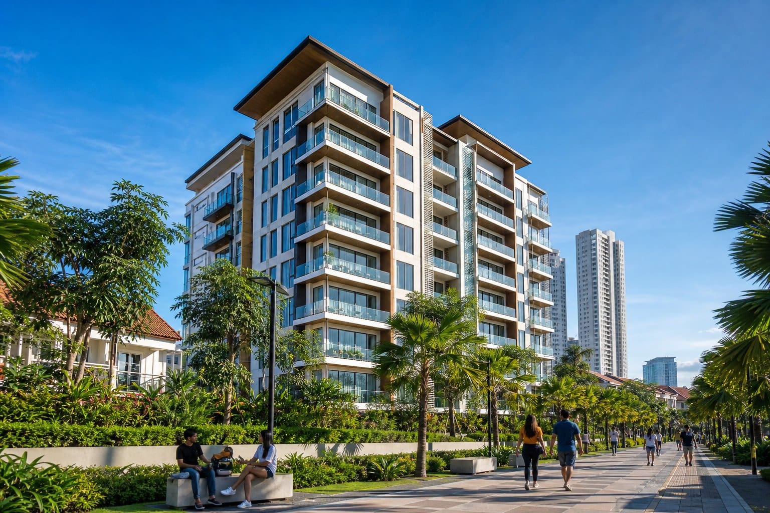 A modern mid-rise condominium building surrounded by tropical trees with people walking nearby under a clear blue sky.