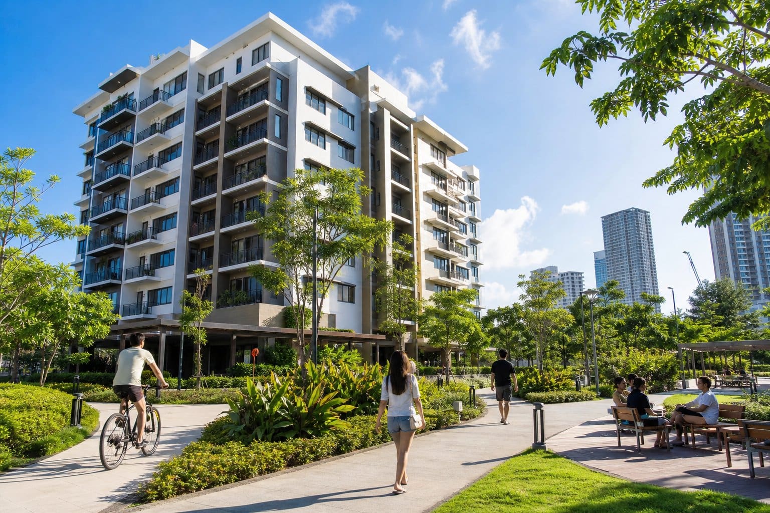 A mid-rise condominium building with people walking and relaxing in outdoor green spaces under a clear sky.