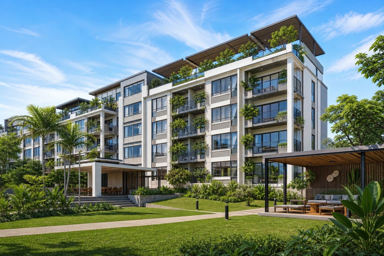 A modern mid-rise condominium building in Cebu with large windows, balconies, and shared outdoor green spaces under a clear sky.