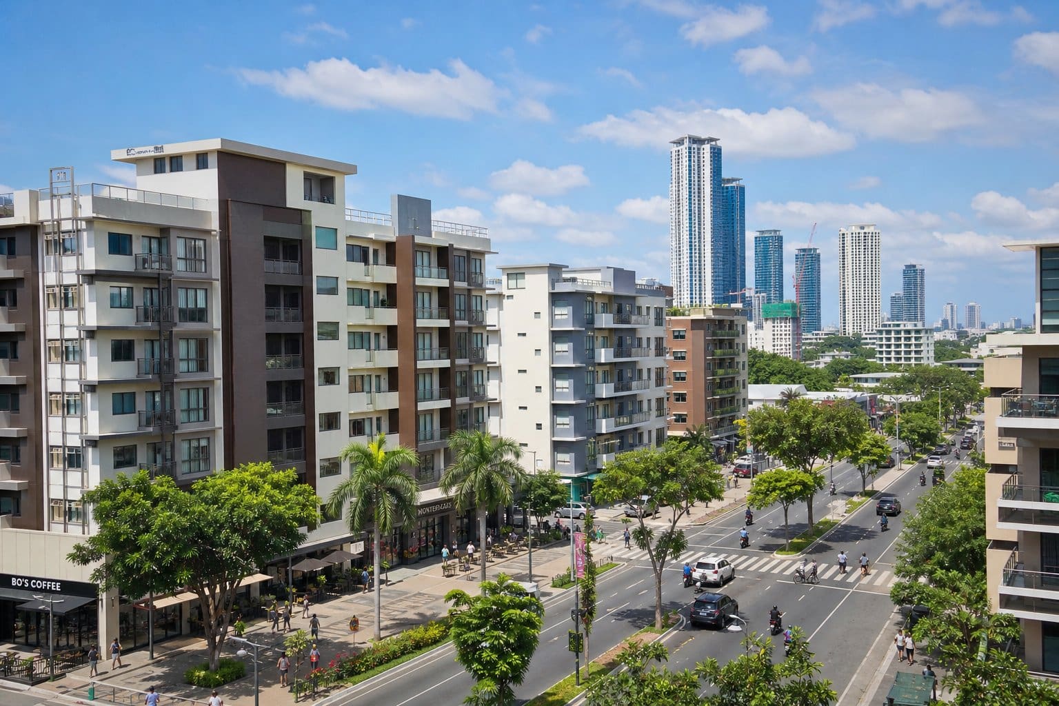Urban area in Metro Cebu with several mid-rise condominium buildings surrounded by trees and people walking on the streets.