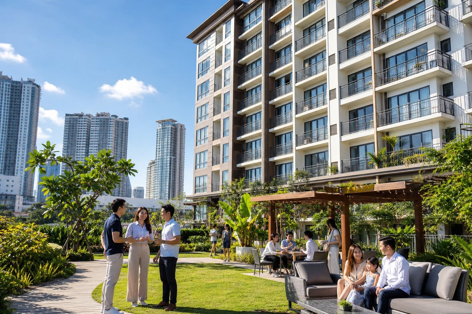 A modern mid-rise condominium building with people enjoying outdoor amenities and a cityscape in the background.