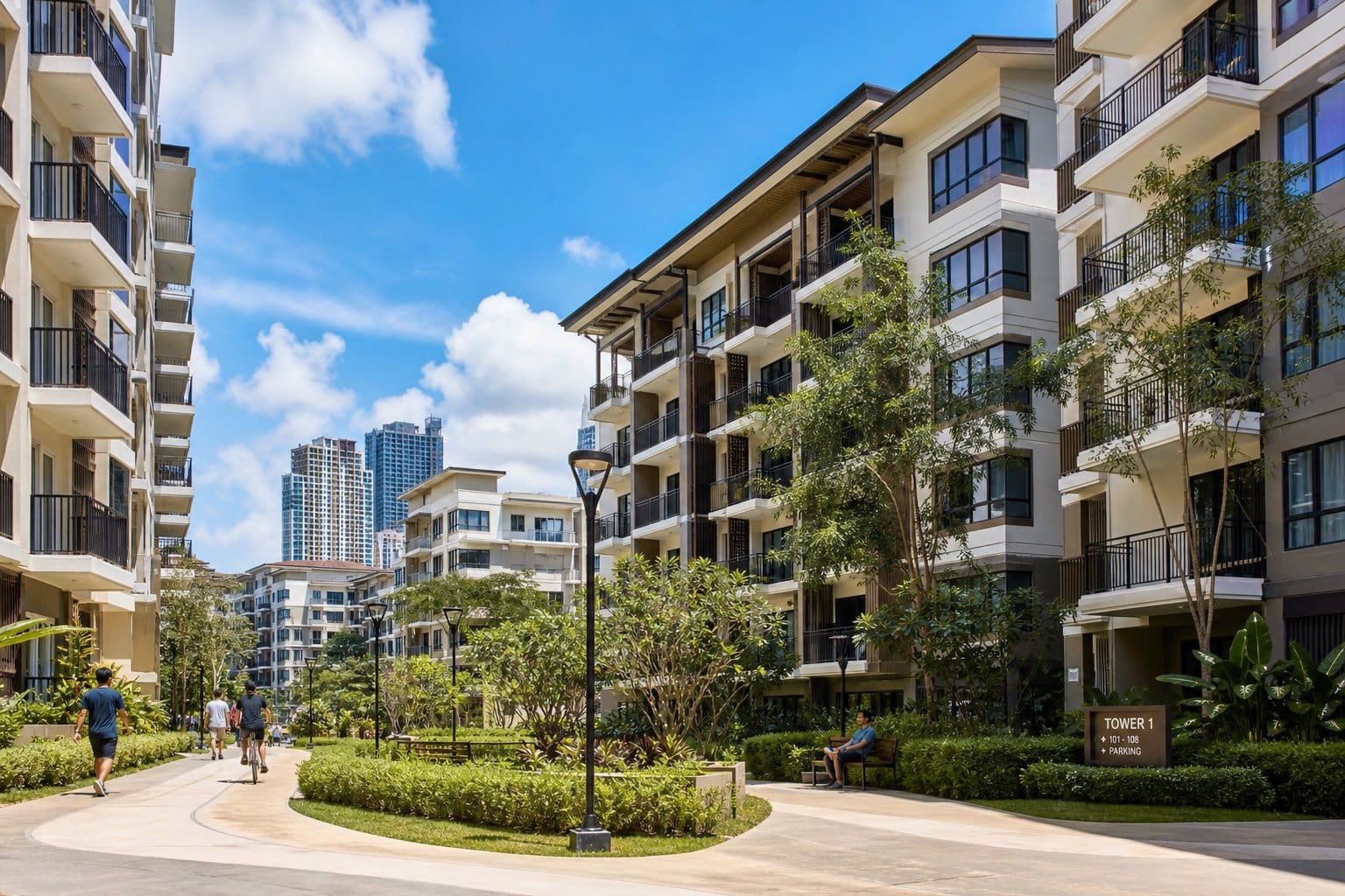 A city scene in Cebu showing mid-rise condominium buildings with greenery, pedestrians, and fewer high-rise towers in the background under a clear sky.