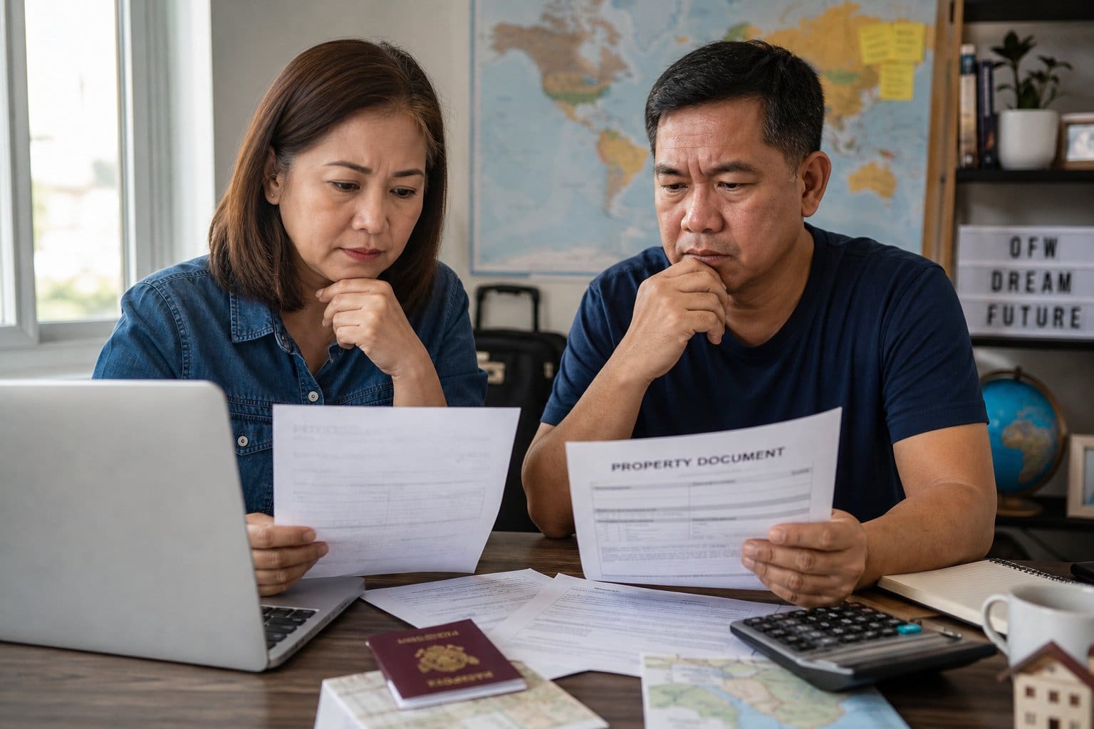 A middle-aged Filipino couple reviewing property documents and discussing financial decisions in a home office.