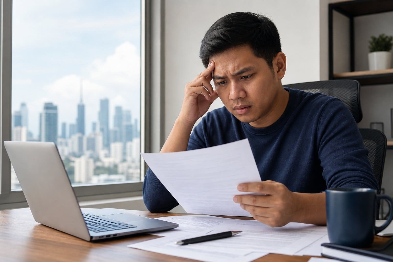 A worried person sitting at a desk reviewing property documents in a home office with a city skyline visible through the window.