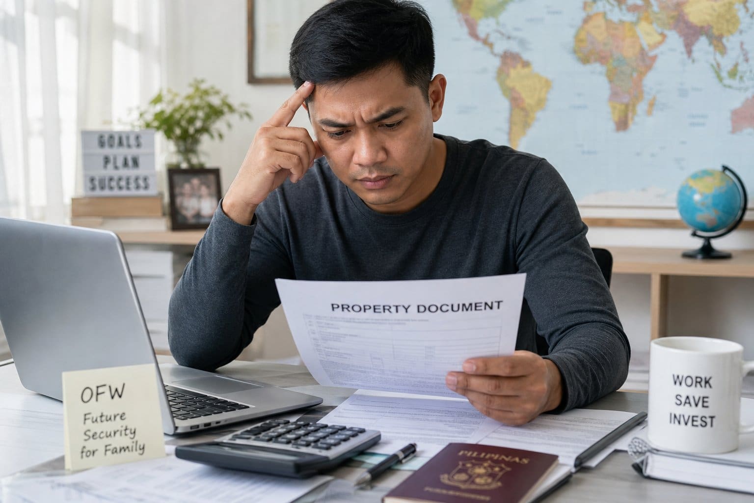 A worried person sitting at a desk reviewing financial documents and property papers in a home office.