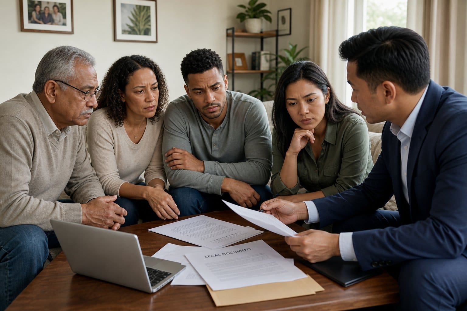 A family having a serious discussion around a table with documents and a laptop in a living room.