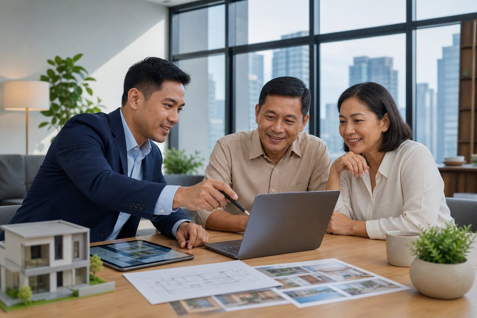A group of adults discussing property documents around a laptop in a modern office with city views.