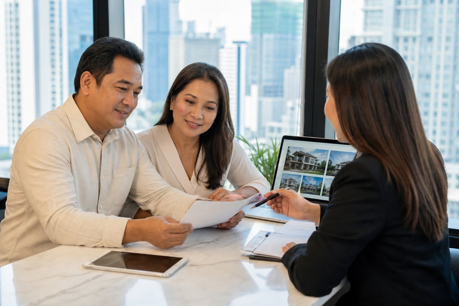 A group of Filipino adults discussing property documents with a real estate agent in a bright office with a city view.