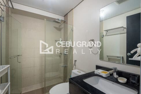 Bathroom with glass shower enclosure and stone vanity at the studio for rent at Solinea Tower 2