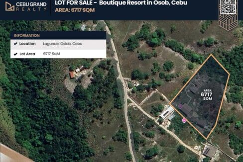 Aerial site plan showing the 6717 sqm boundary of the resort for sale in Lagunde, Oslob, Cebu