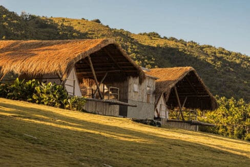 Two cogon-roofed glamping tents on the lawn with hills behind at the resort for sale in Oslob, Cebu