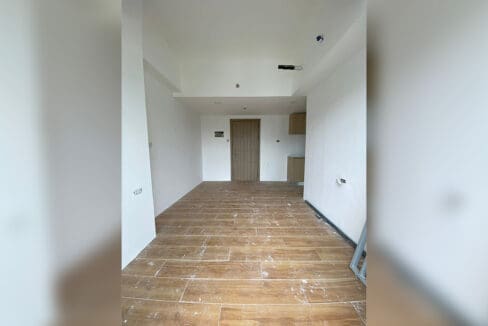 Studio interior looking toward the entry door and built-in kitchen counter