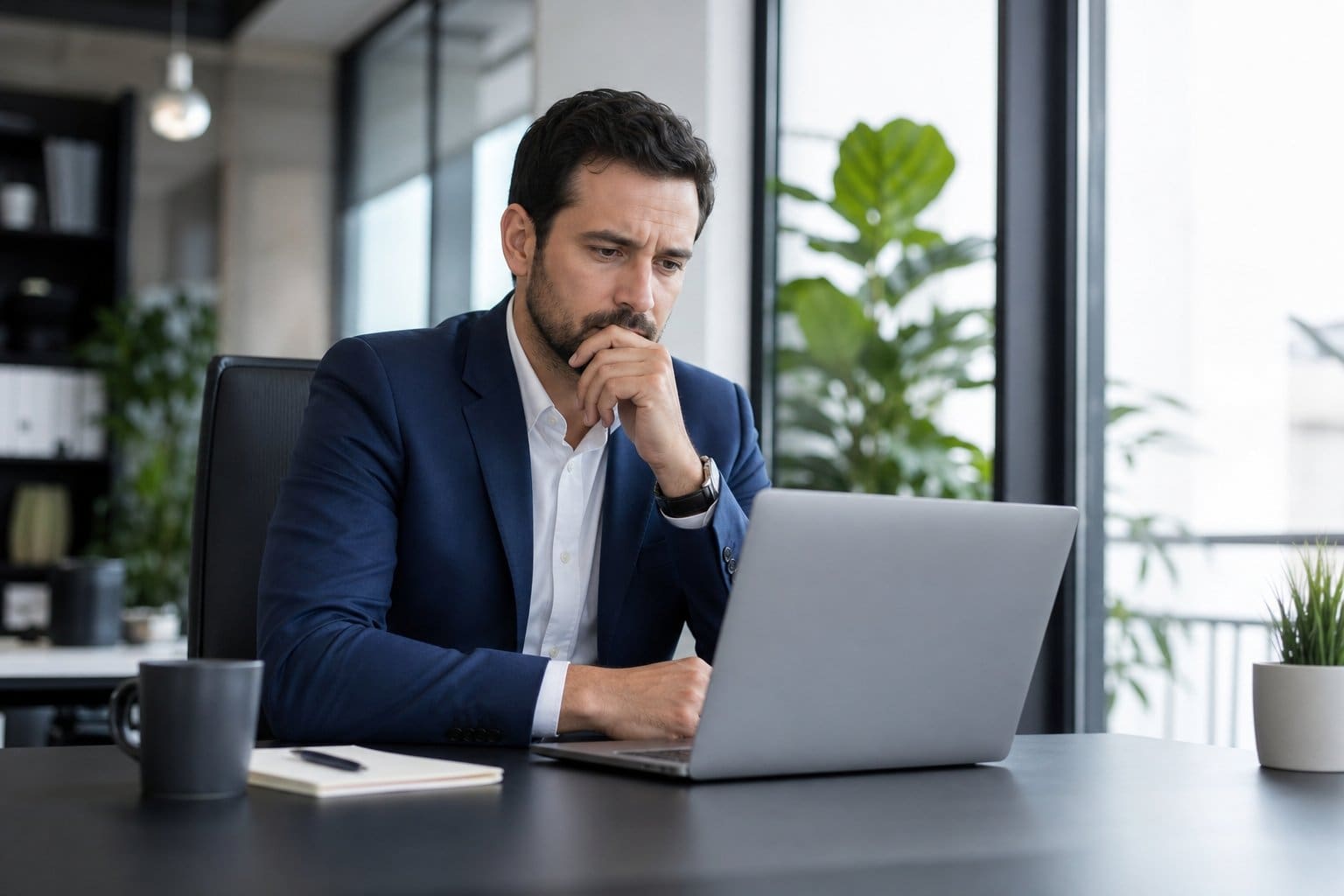 A business professional sitting at a desk looking thoughtfully at a laptop screen in a bright office.