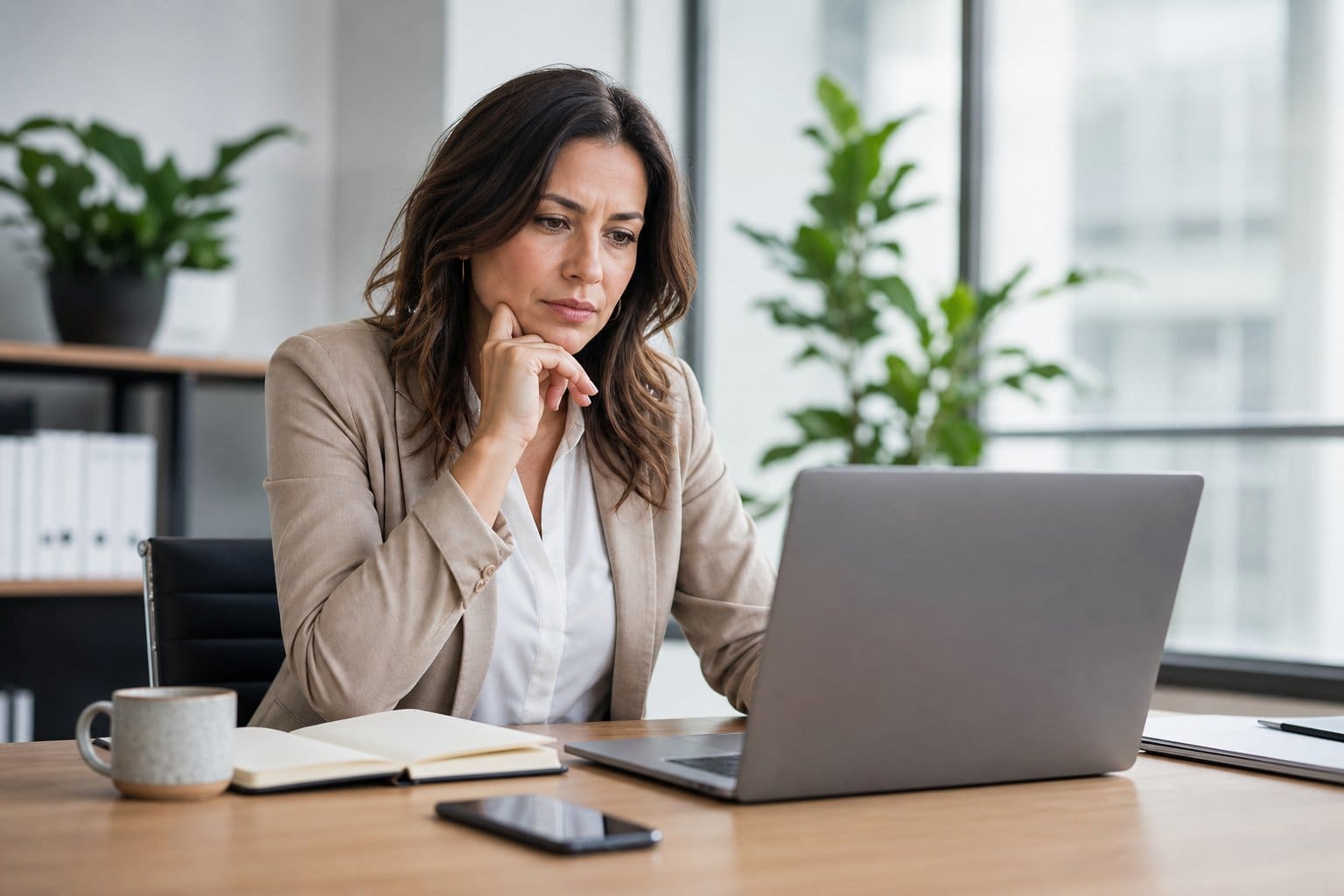 A woman in a modern office looks thoughtfully at her laptop screen with a cup of coffee and smartphone on the desk.