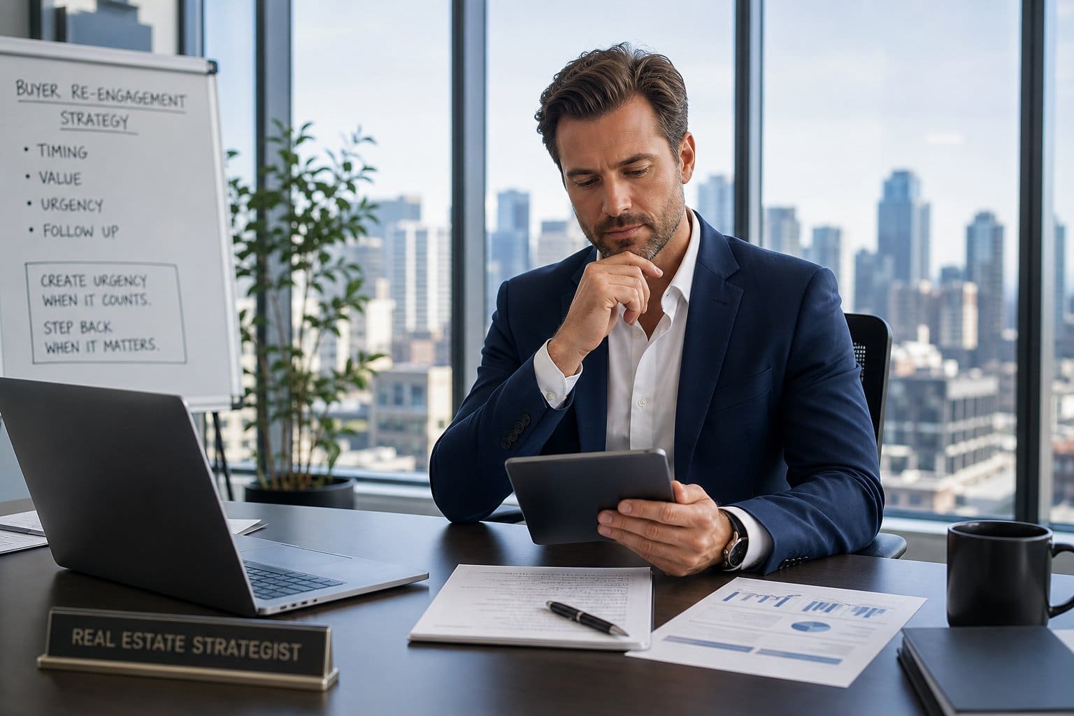 A real estate agent sitting at a desk in an office, reviewing notes on a tablet with a thoughtful expression, surrounded by a laptop, documents, and a smartphone.