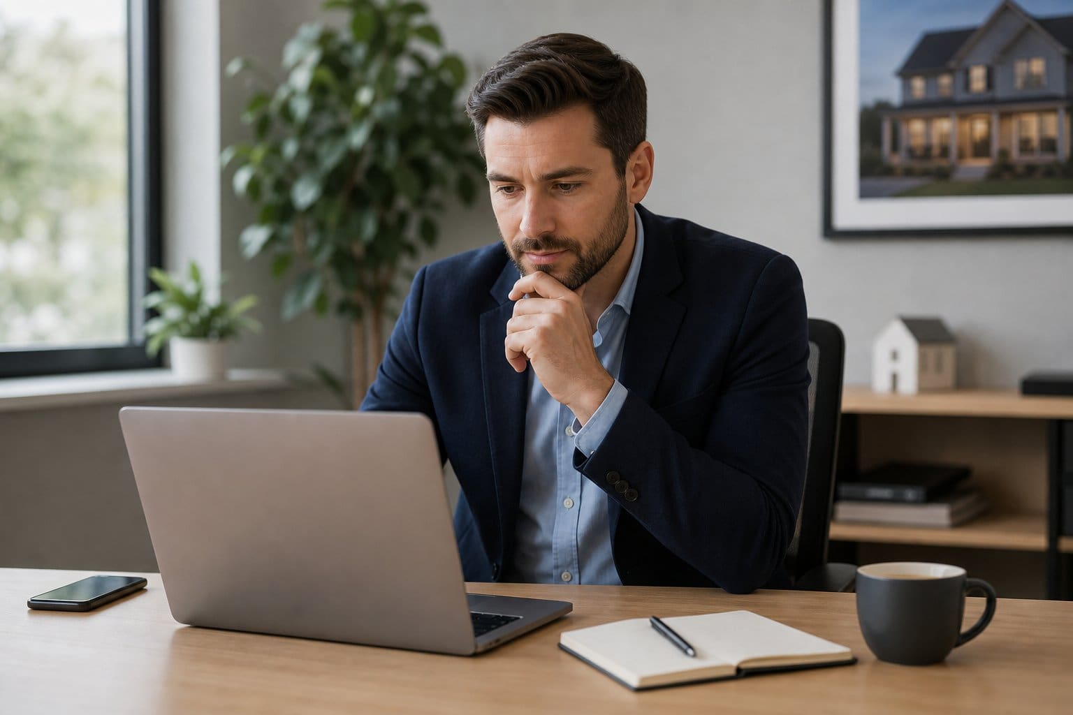 A real estate agent in a modern office looking thoughtfully at a laptop with a smartphone and coffee on the desk.