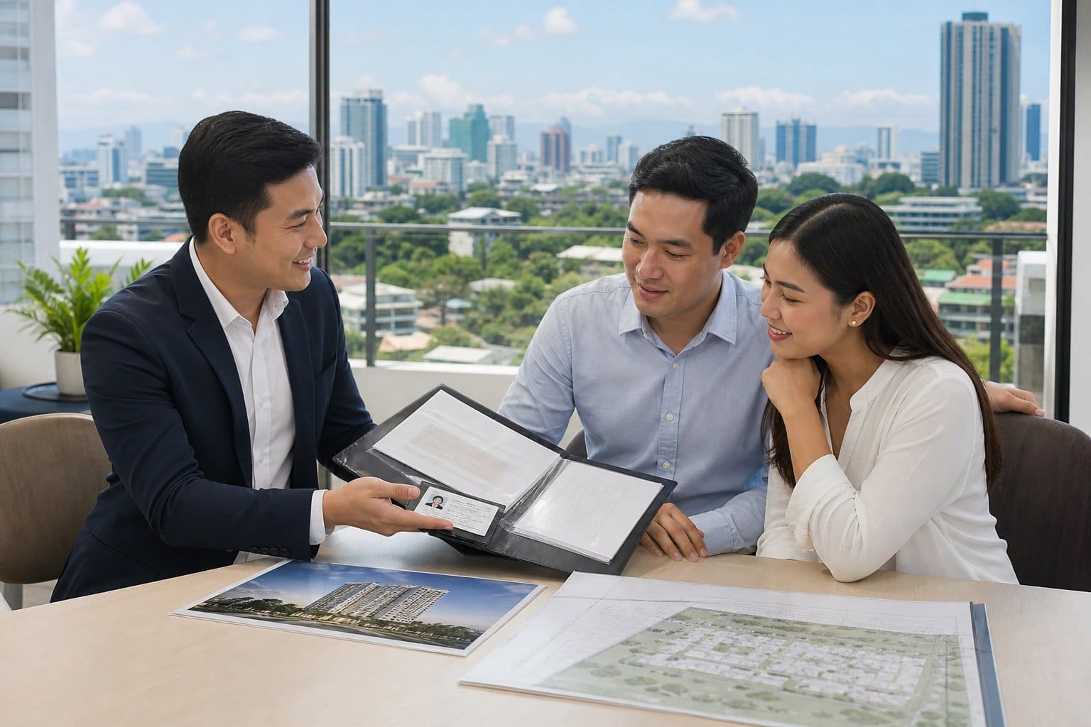 A Filipino real estate broker presents property documents to a couple in a bright Cebu office.