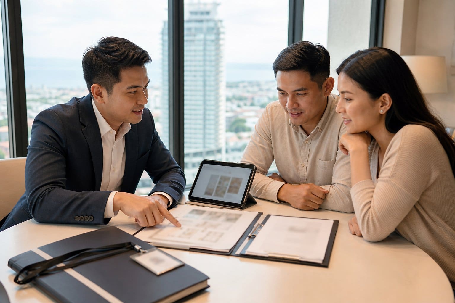 A Filipino couple reviews property documents with a professional real estate broker in a bright Cebu office.