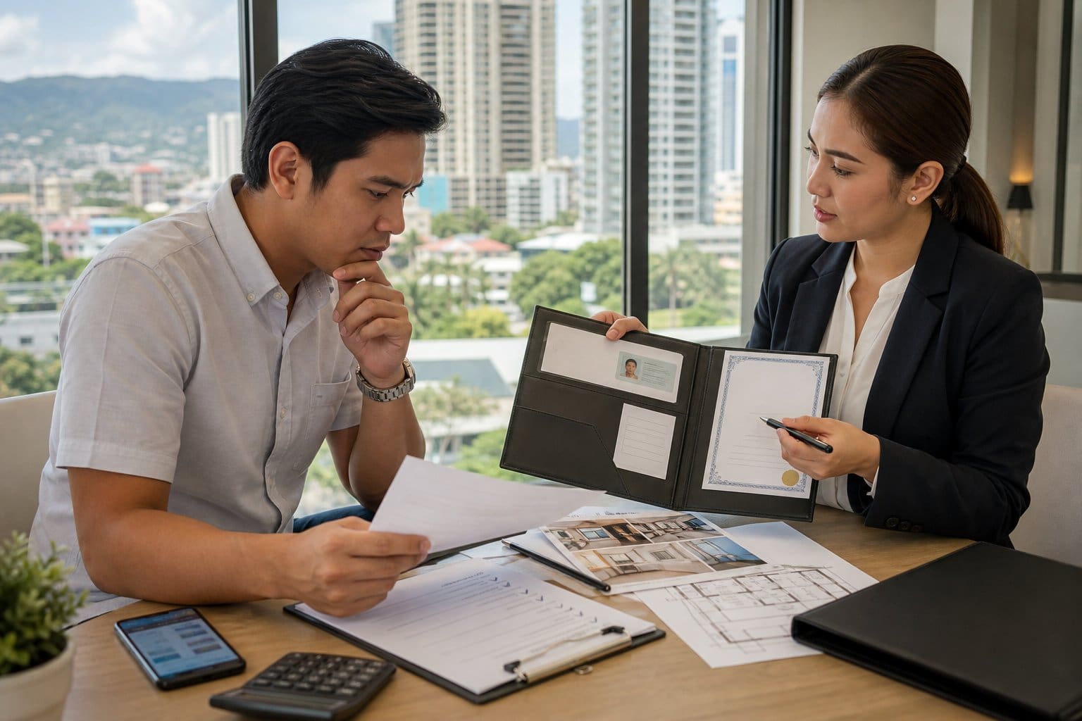 A homebuyer reviews professional credentials and property documents with a real estate broker in a bright office overlooking Cebu.
