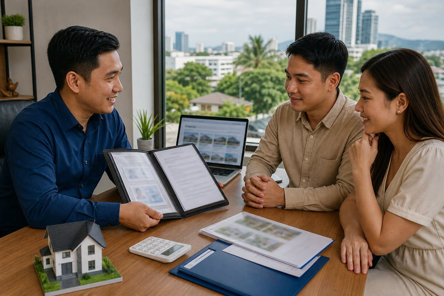 A Cebu real estate broker reviews official documents with a home-buying couple in a bright office.