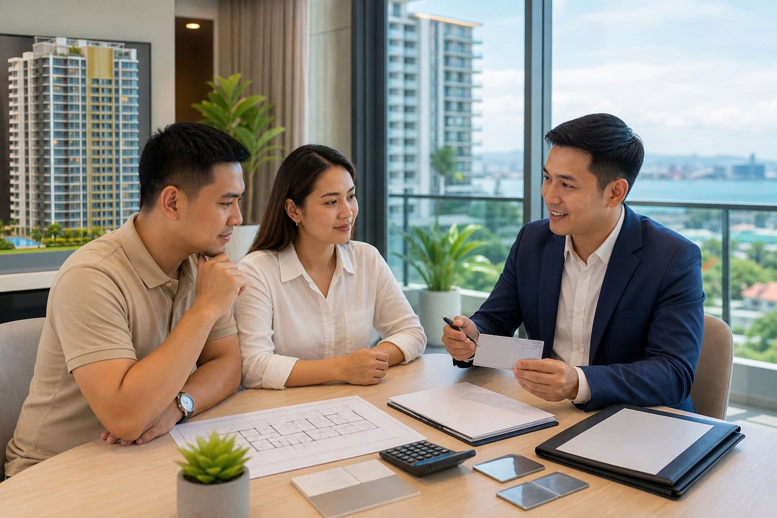 A Filipino real estate broker reviews home-buying documents with clients at a bright Cebu property consultation.