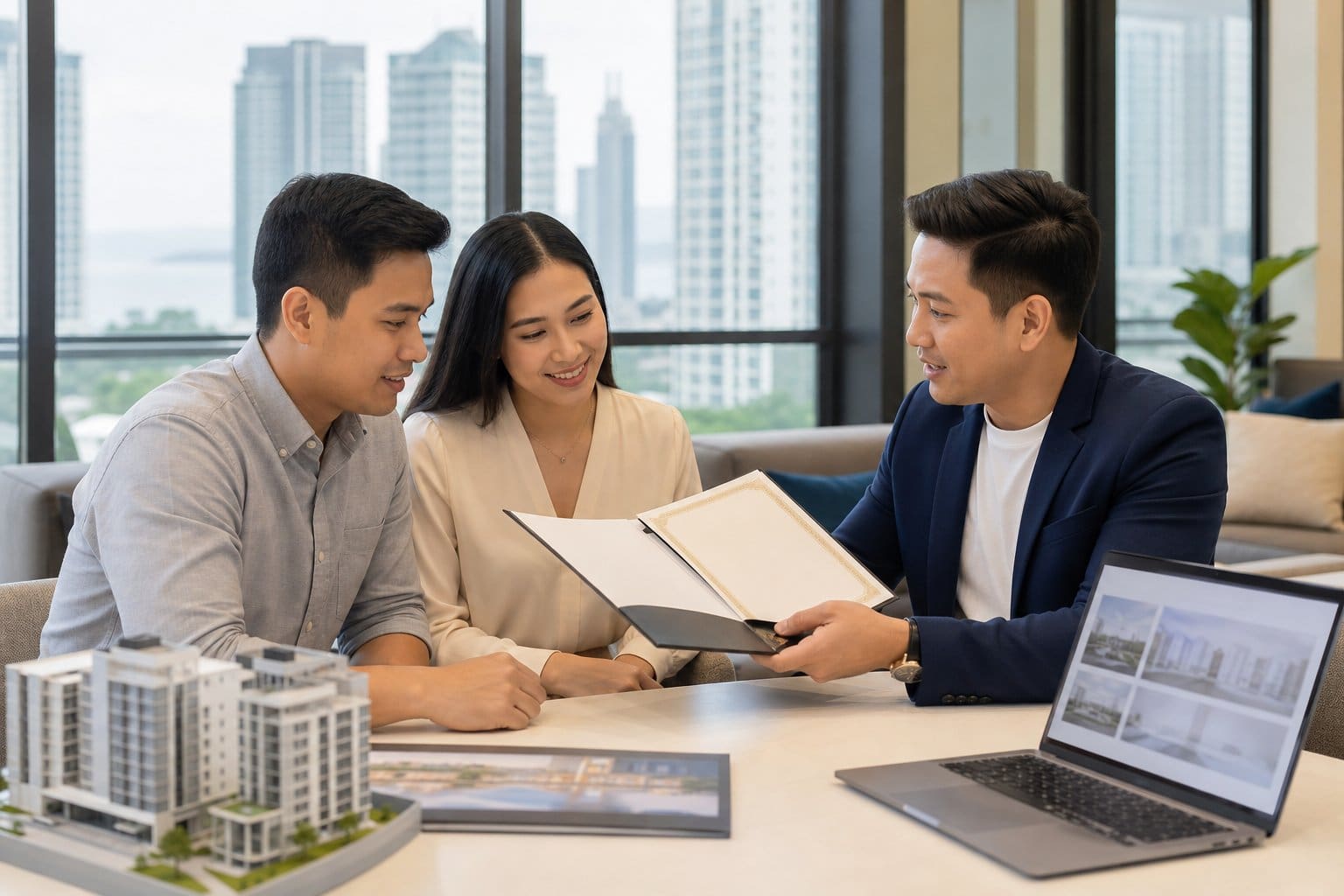 A Filipino real estate broker reviews property documents with a couple in a bright Cebu office.