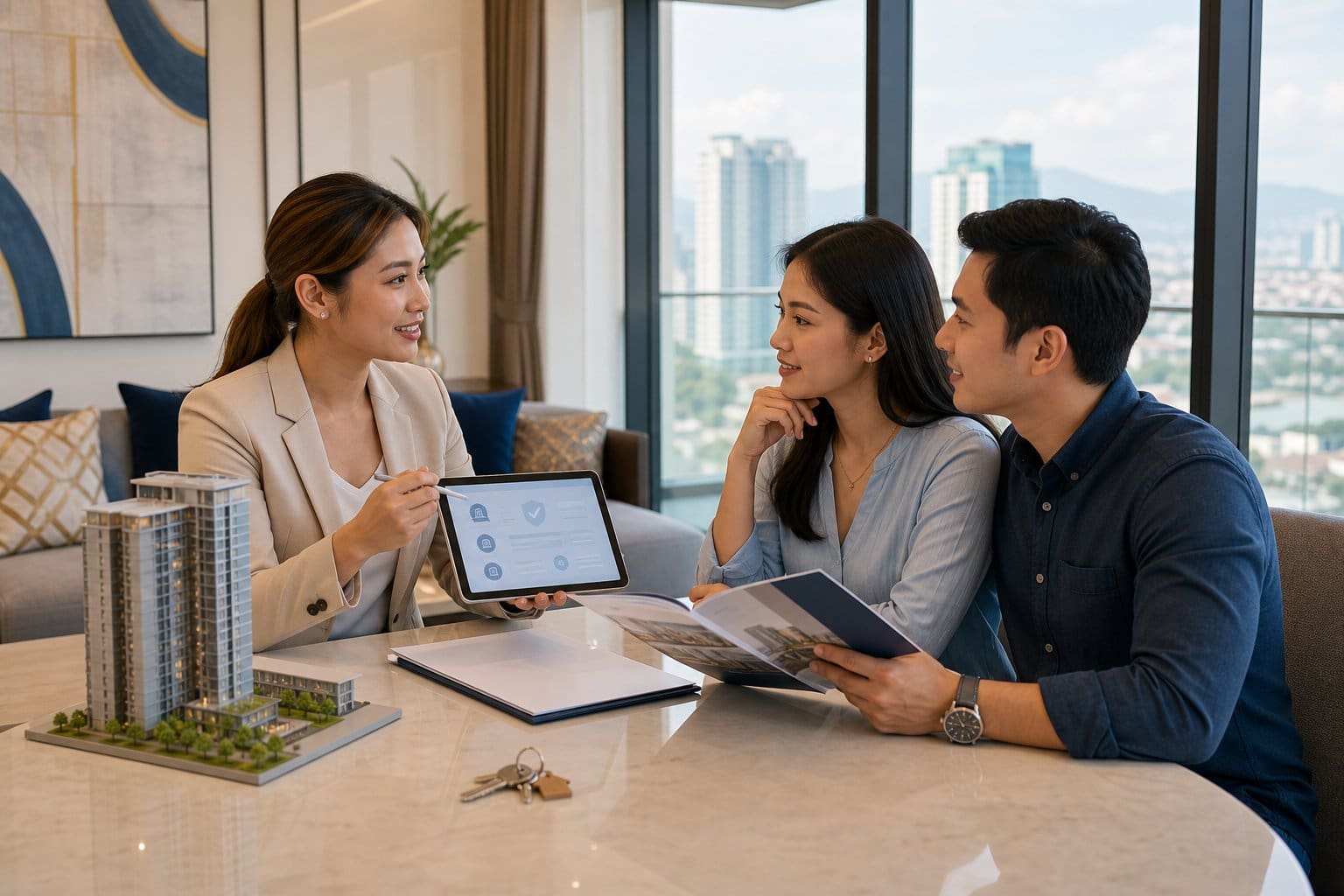 A Filipino real estate broker discusses property documents with a couple in a bright modern home.