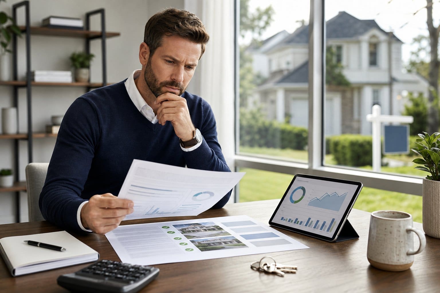 An investor reviews property documents and financial information at a desk while looking toward a residential investment property.