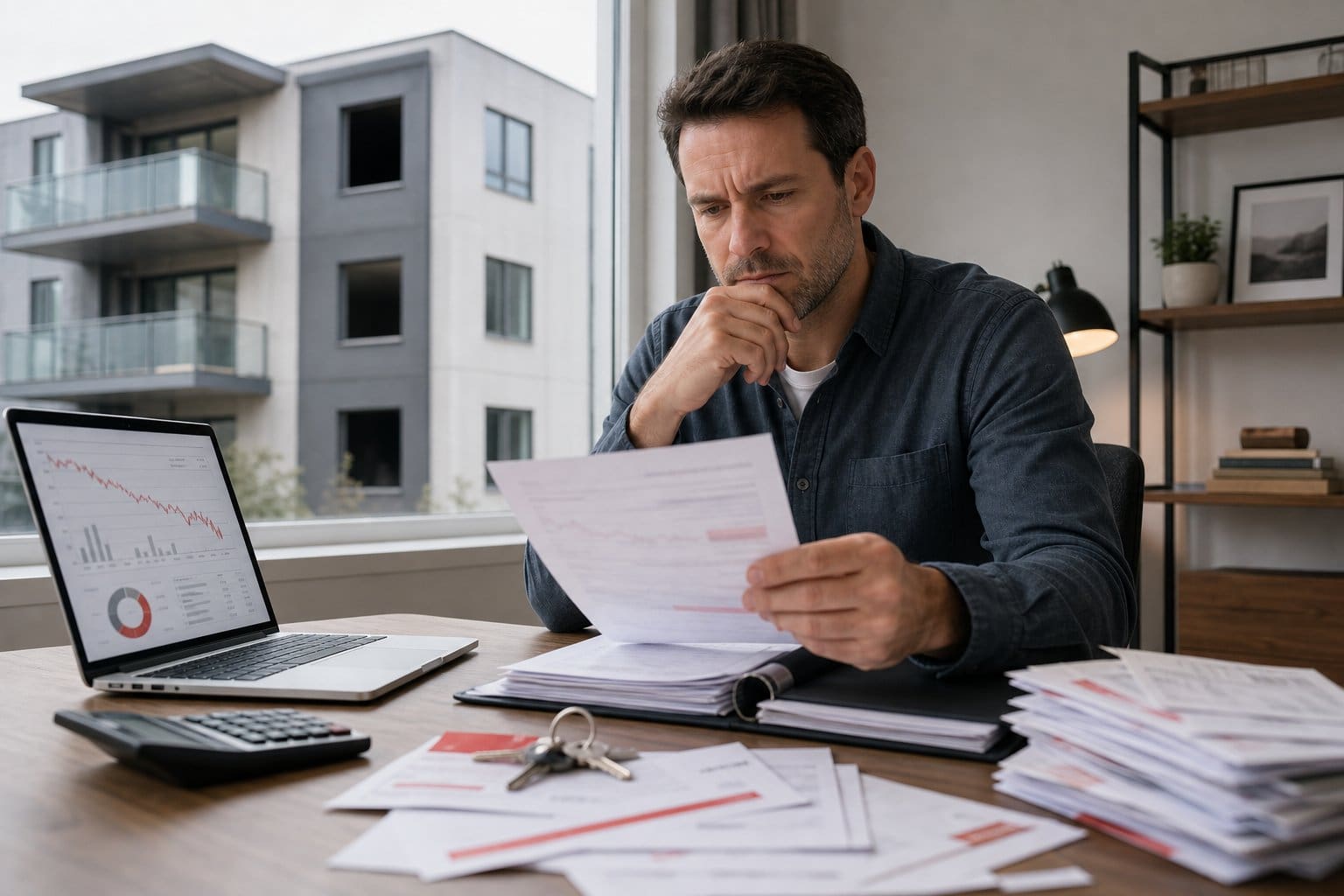 Concerned property investor reviewing bills and declining financial charts at a desk.