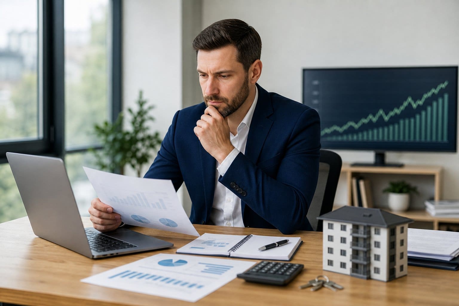 An investor compares a rental property analysis with a more promising investment opportunity at a desk.