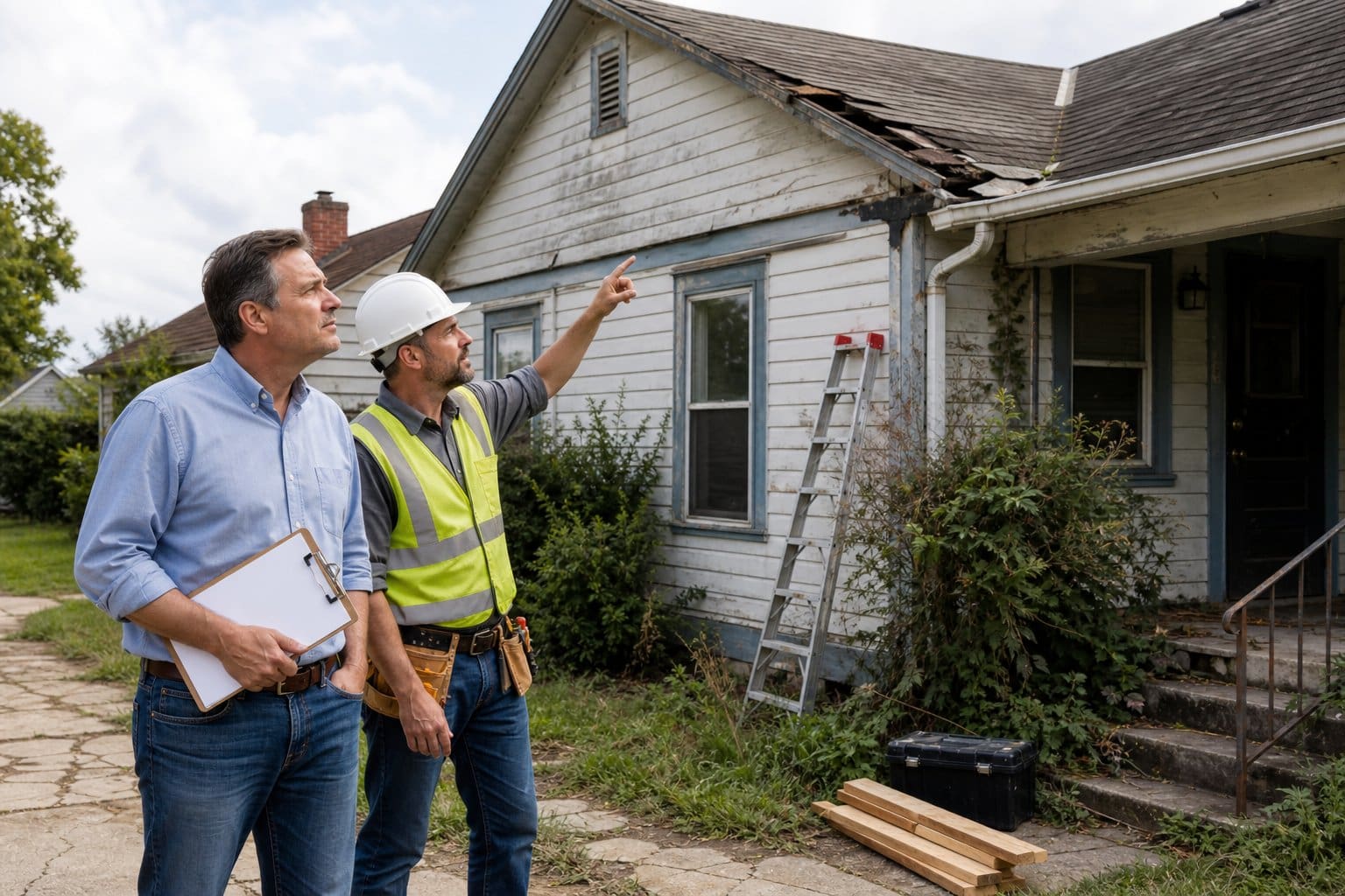 A property owner and contractor inspect a rental house with visible signs of deferred maintenance and needed repairs.