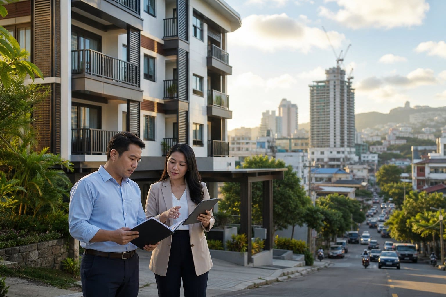 An investor and real estate agent review a residential property in a Cebu urban neighborhood.