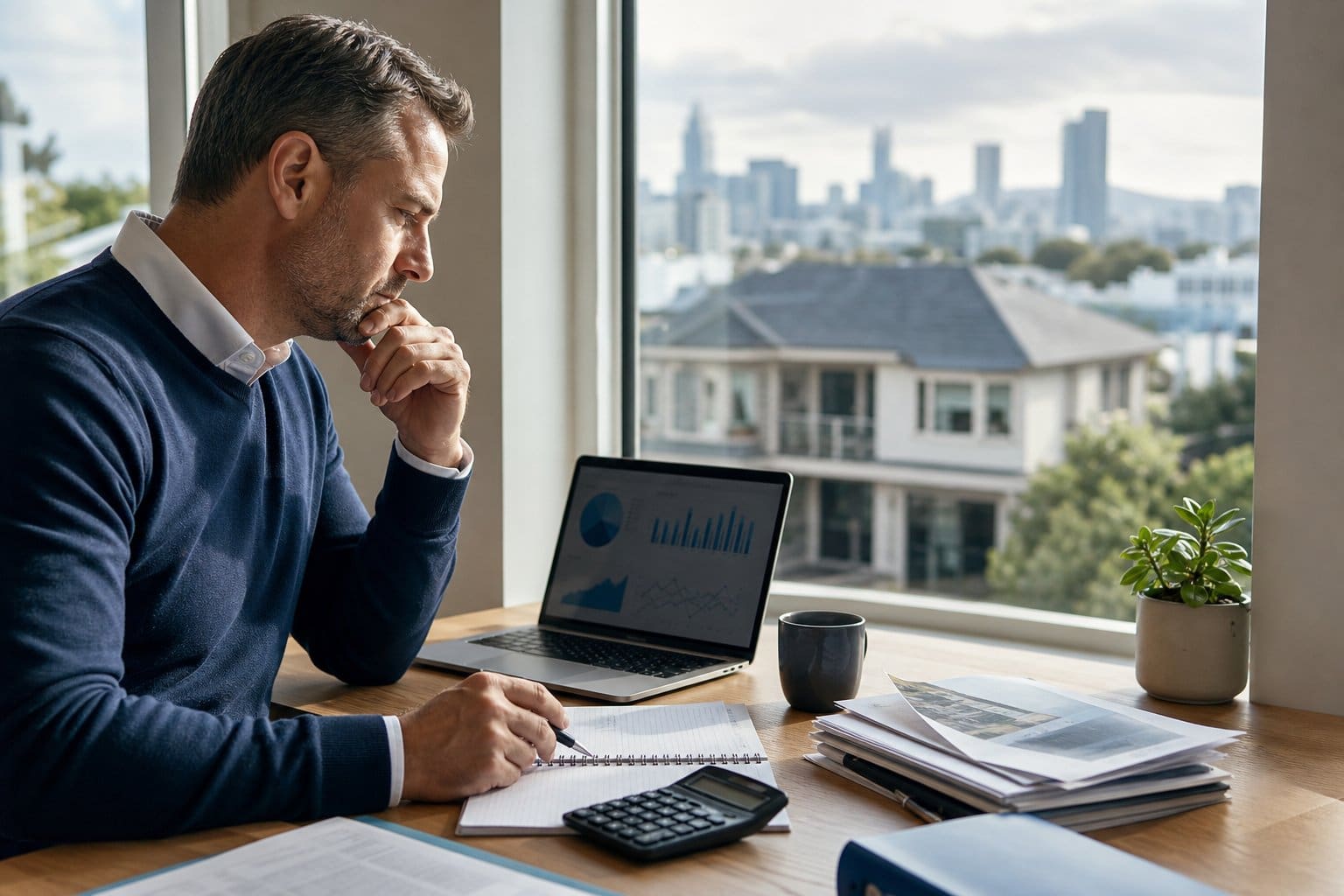 A property investor reviews financial plans at a home office while looking toward a residential investment property.