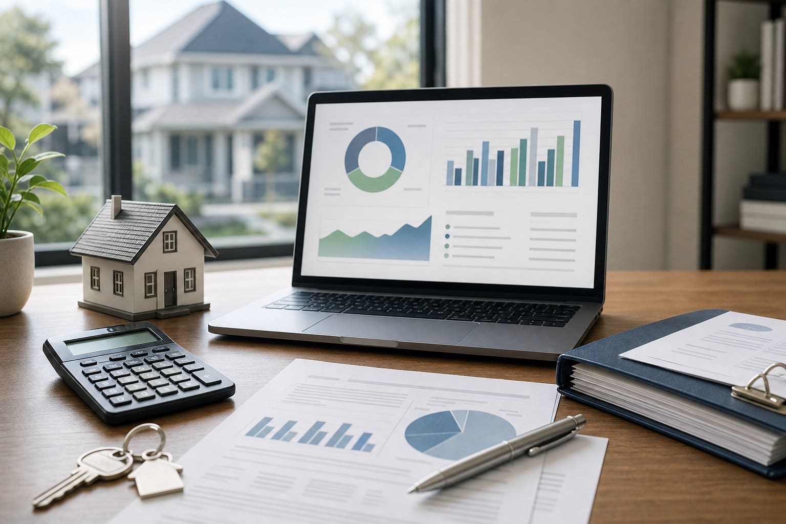 A professional desk with a laptop, calculator, house model, property keys, and financial documents beside a window overlooking a residential home.