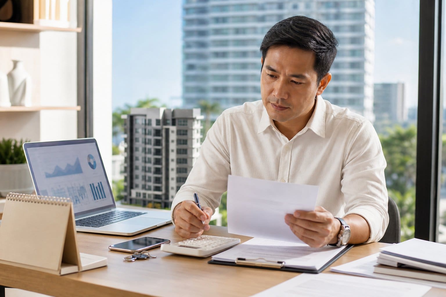 A Filipino property investor reviews sale documents, keys, and financial materials at a desk beside a window overlooking a modern building.