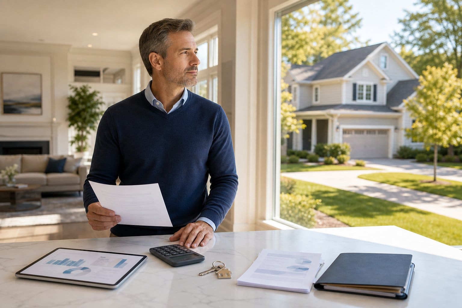 A real estate investor reviews property documents and a tablet beside house keys in a bright home.