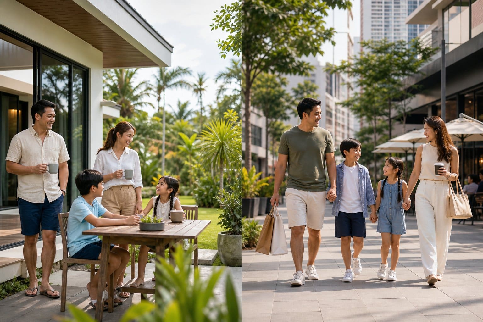 A Filipino family enjoys a quiet suburban home setting on one side and a lively modern city neighborhood on the other.