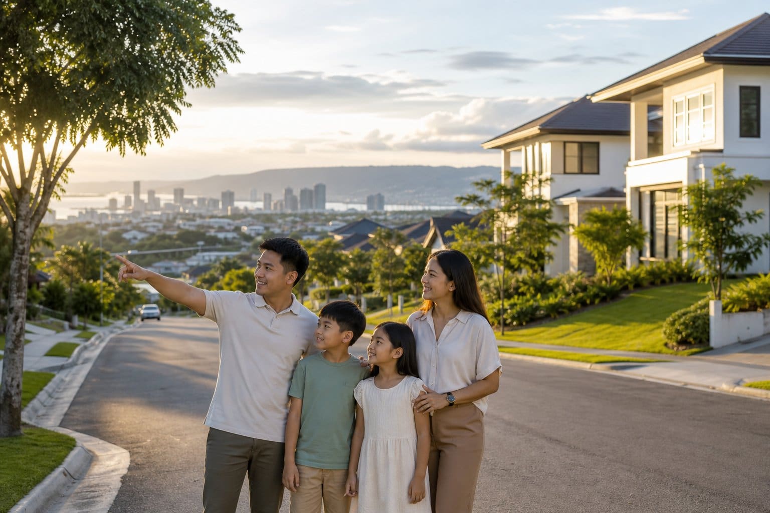 A Filipino family considers their lifestyle options in a spacious suburban neighborhood near Cebu City.