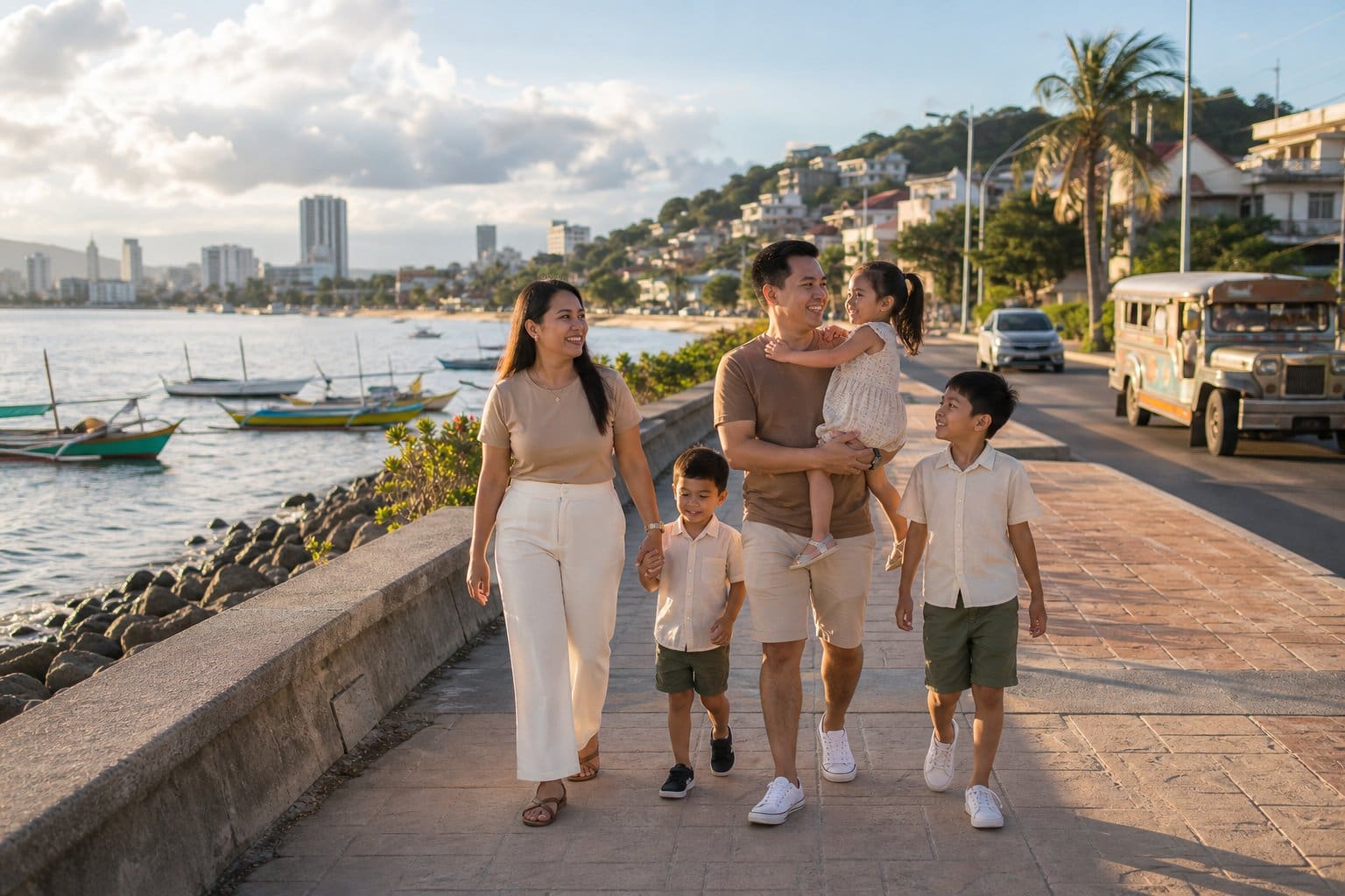 A Filipino family walks along a coastal promenade near Cebu City with the ocean, boats, greenery, and urban neighborhoods in the background.