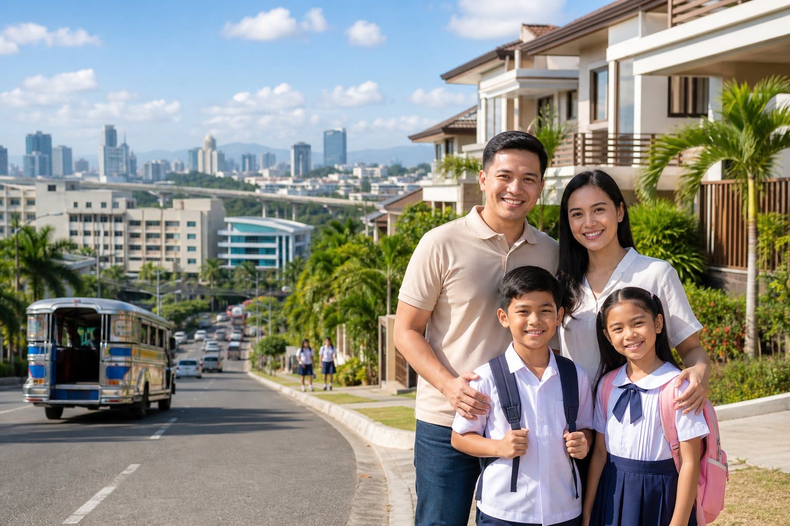 A Filipino family stands in a leafy neighborhood near roads, a school, healthcare facilities, and public transportation.